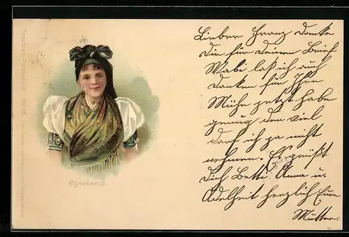 Lithographie Junge Egerländerin in sudeten Tracht