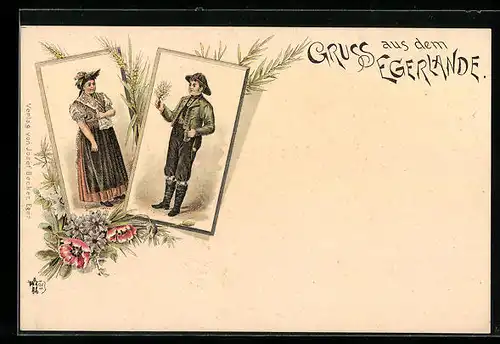 Lithographie Junges Paar in Egerländer Tracht