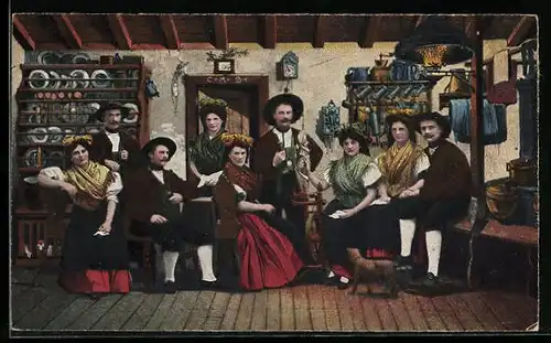 AK Egerländer in der Hutzastube, Tracht Sudeten