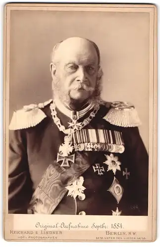 Fotografie Reichard & Lindner, Berlin, Portrait Kaiser Wilhelm I. in Uniform mit Ordenspange, Eisernes Kreuz