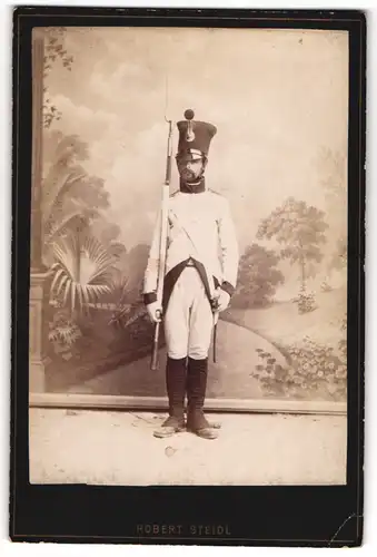 Fotografie Robert Steidl, Schwechat, Soldat in historischer Uniform von 1809 mit aufgepflanztem Bajonett