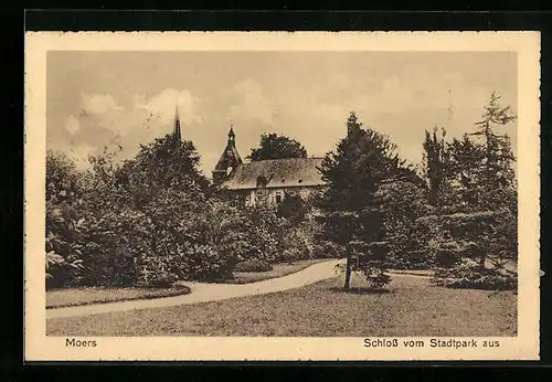 AK Moers, Schloss vom Stadtpark aus gesehen