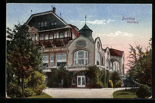 AK Duisburg, Haus Wolfsburg im Abendlicht