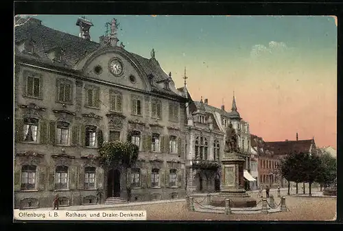 AK Offenburg i. B., Rathaus und Drake-Denkmal
