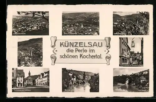 AK Künzelsau /Kochertal, Ortsansicht und Umgebung, Marktplatz mit Rathaus