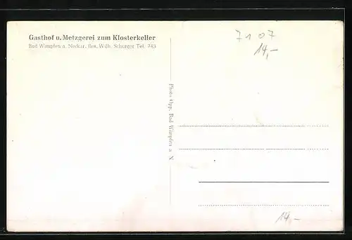 AK Bad Wimpfen a. Neckar, Ortsansicht und Umgebung, Neckartal, Gasthof u. Metzgerei zum Klosterkeller