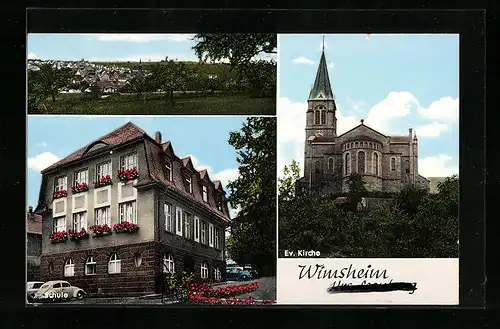 AK Wimsheim-Kreis Leonberg, Ortsansicht, Ev. Kirche, Schule, VW-Käfer