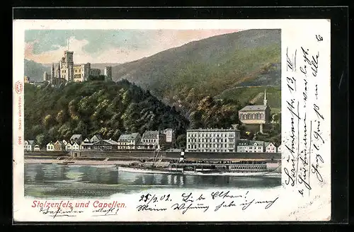 AK Stolzenfels, Dampfer mit Capellen im Hintergrund