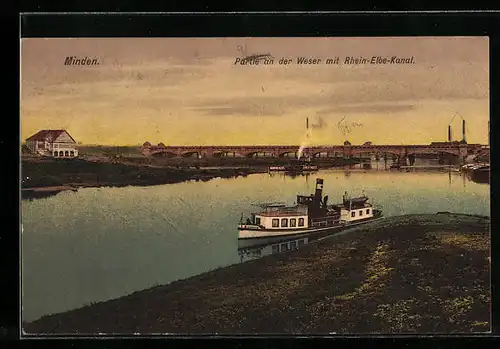 AK Minden, Partie an der Weser mit Rhein- Elbe-Kanal