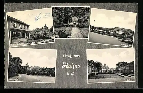 AK Hohne, Ansichten Geschäftshaus Albrecht, Schule, Ehrenmal