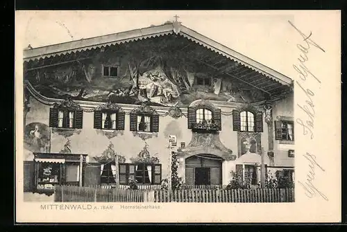 AK Mittenwald, Hornsteinerhaus mit Fassadenmalerei