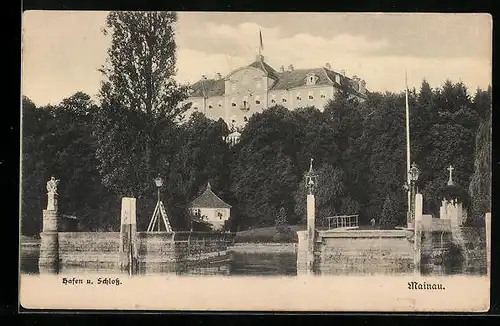 AK Mainau, Ansicht mit Hafen u. Schloss
