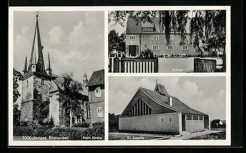 AK Bilshausen, Blick auf die Katholische Kirche, Evangelische Kirche und das Schulhaus