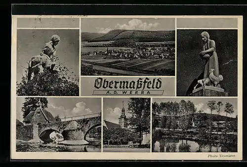 AK Obermassfeld a. d. Werra, Ortsansicht, Brücke, Statuen