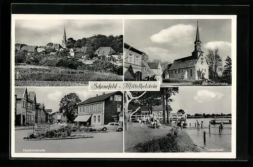 AK Schenefeld /Mittelholstein, Bonifatiuskirche, Luisenbad, Holstenstrasse