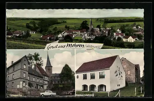 AK Mehren /Westerwald, Ortspartie mit Geschäft, Gemeindehaus, Teilansicht