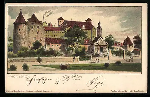 AK Ingolstadt, Altes Schloss mit Kirche und Strasse