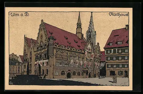 Steindruck-AK Ulm a. D., Rathaus mit Brunnen und Münster