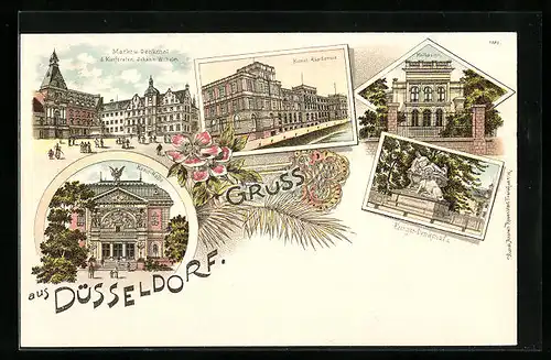 Lithographie Düsseldorf, Kunstakademie, Kriegerdenkmal, Kunsthalle, Markt mit Denkmal