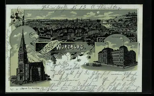 Mondschein-Lithographie Würzburg, Universität, Ev. Kirche, Ortsansicht