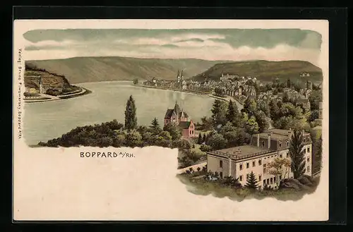 Lithographie Boppard a. Rh., Gesamtansicht mit Rhein aus der Vogelschau