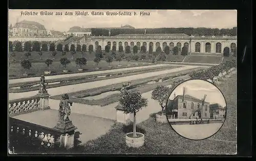 AK Gross-Sedlitz bei Pirna, Königl. Garten mit Anlagen, Gasthaus Gross-Sedlitz