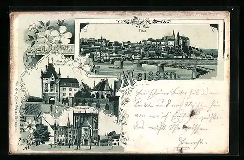 Lithographie Meissen, Thor der Albrechtsburg, Domplatz