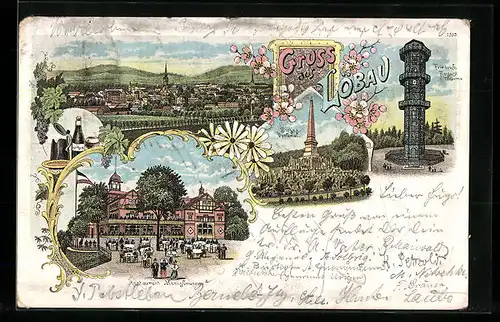 Lithographie Löbau, Ortsansicht, Restaurant Honigbrunnen, Sieges-Denkmal