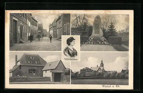 AK Winkel a. Rh., Strassenpartie, Denkmal, Anwesen, Dichterin v. Gründerode