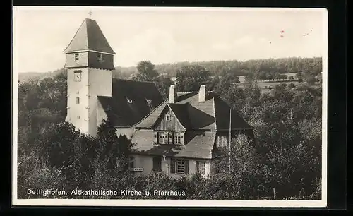 AK Dettighofen, Altkatholische Kirche und Pfarrhaus aus der Vogelschau