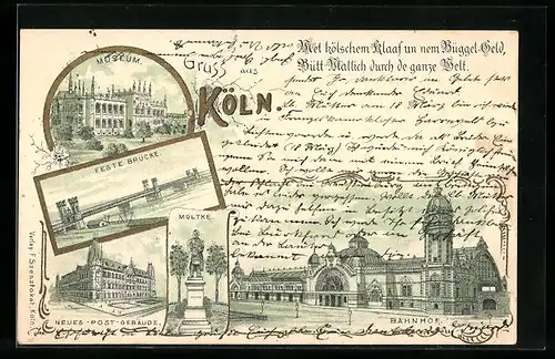 Lithographie Köln, Bahnhof, Museum, Feste Brücke