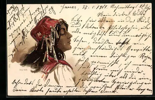 AK Araberin mit rotem Hut, Jugendstil