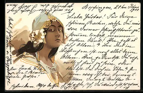 AK Araberin mit Blume im Haar, Jugendstil