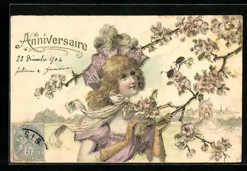 AK Pfingsten, Junge Frau an einem blühenden Zweig