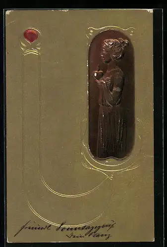 Präge-AK Dame mit brennendem Herz im Jugendstil