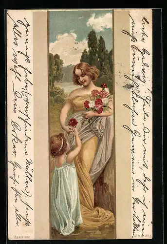 Lithographie Dame mit Blumen im Jugendstil