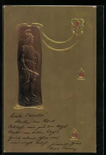 Präge-AK Krieger mit Helm und Schwert, Jugendstil