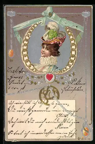 Präge-AK Junger Mann mit Hut und Halskrause, Jugendstil