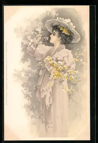 Lithographie Frau im Garten schnuppert an den Blumen, Darstellung im Jugendstil