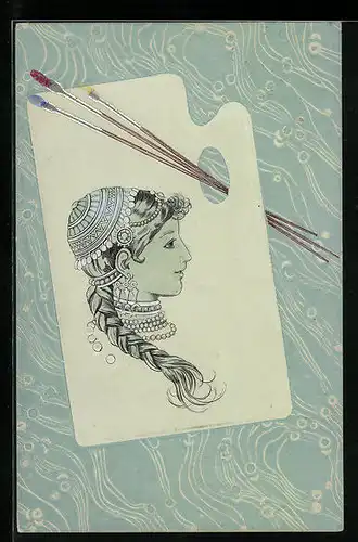 Präge-AK Junge Frau auf Farbpalette mit Pinseln, Jugendstil