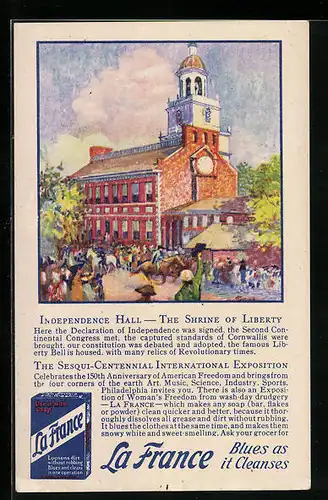 Künstler-AK Philadelphia, PA, The Sesqui-Centennial International Exposition, Indepandence Hall, Reklame für La France