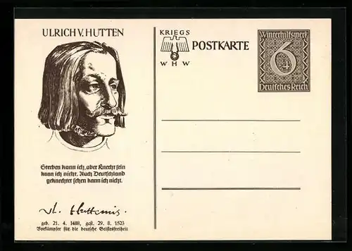 AK WHW Winterhilfswerk, Portrait Ulrich von Hutten, Vorkämpfer für die Deutsche Geistesfreiheit, Ganzsache