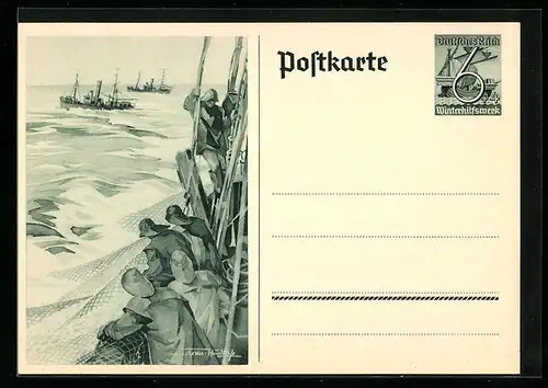 Künstler-AK von Axster-Heudtlass: Hochseefischer, Ganzsache WHW Winterhilfswerk