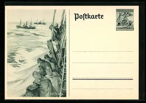Künstler-AK von Axster-Heudtlass: Hochseefischer, Ganzsache WHW Winterhilfswerk