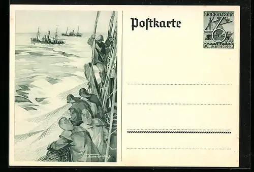 Künstler-AK von Axster-Heudtlass: Hochseefischer, Ganzsache WHW Winterhilfswerk