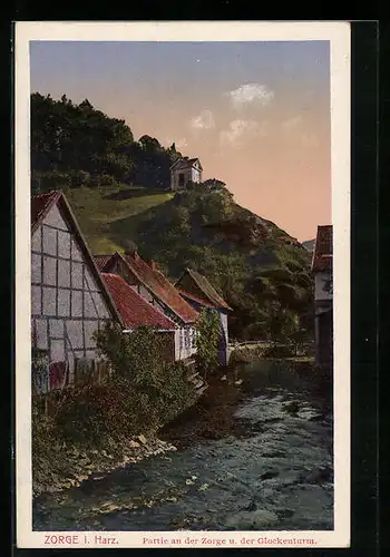 Künstler-AK Zorge, Partie an der Zorge u. der Glockenturm