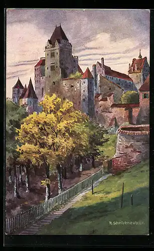 Künstler-AK Landshut, Blick auf Burg Trausnitz