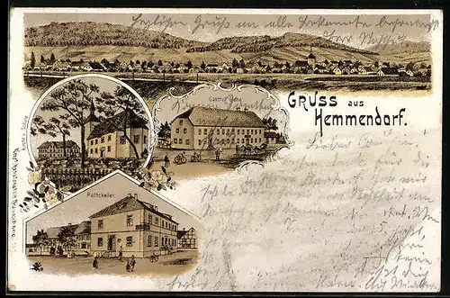 Lithographie Hemmendorf, Gasthaus Rathskeller, Gasthaus Glahe, Gesamtansicht
