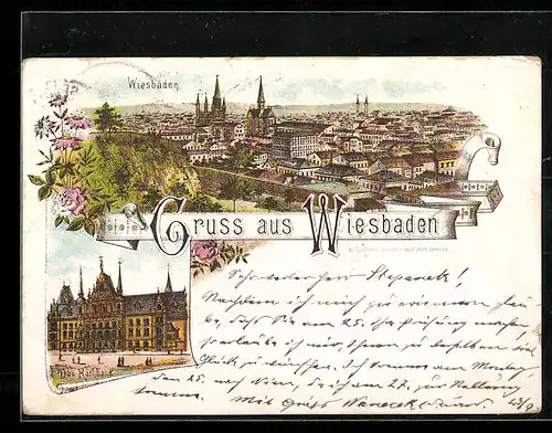 Vorläufer-Lithographie Wiesbaden, 1893, Gesamtansicht, Das Rathaus