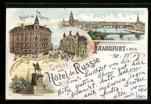 Lithographie Frankfurt a. M., Hotel de Russie, Hauptbahnhof, Denkmal Wilhelm I.